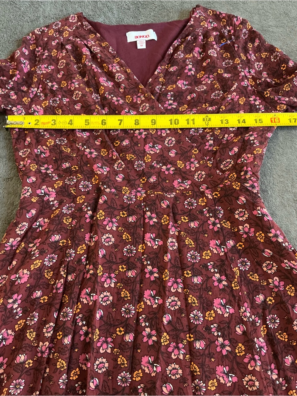 BONGO Maroon Floral Faux-Wrap Mini Dress Bell Sleeves Size:M - Picture 13 of 16